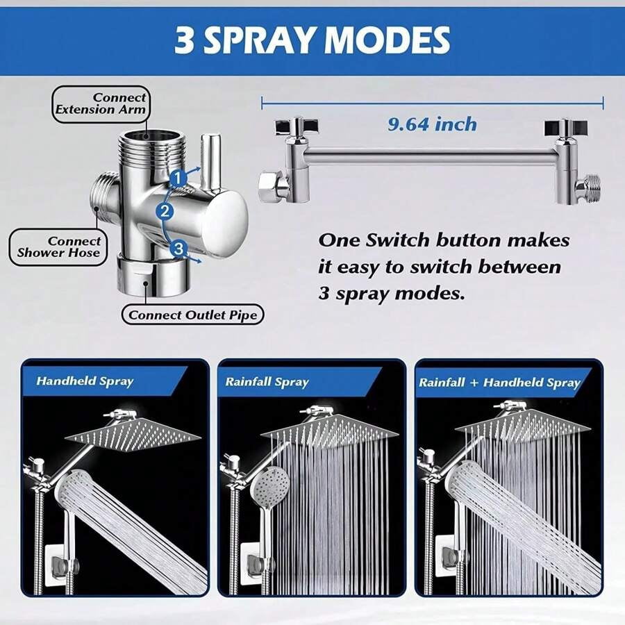 Shower Head Combo,8/10/12" Rain Square Shower Head  With 9 Inch Adjustable Extension Arm And 3 Settings Handheld Spray,150cm Long Hose