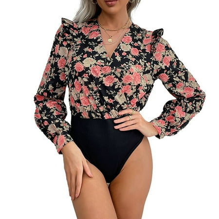 

Aueoeo Full Body Shapewear Belly Control Shapewear Women s Spring and Autumn Leaf Flying Sleeve Splicing Head V-Neck Slim-Cut Floral Temperament Workday Long Sleeve Onesie Jumpsuit