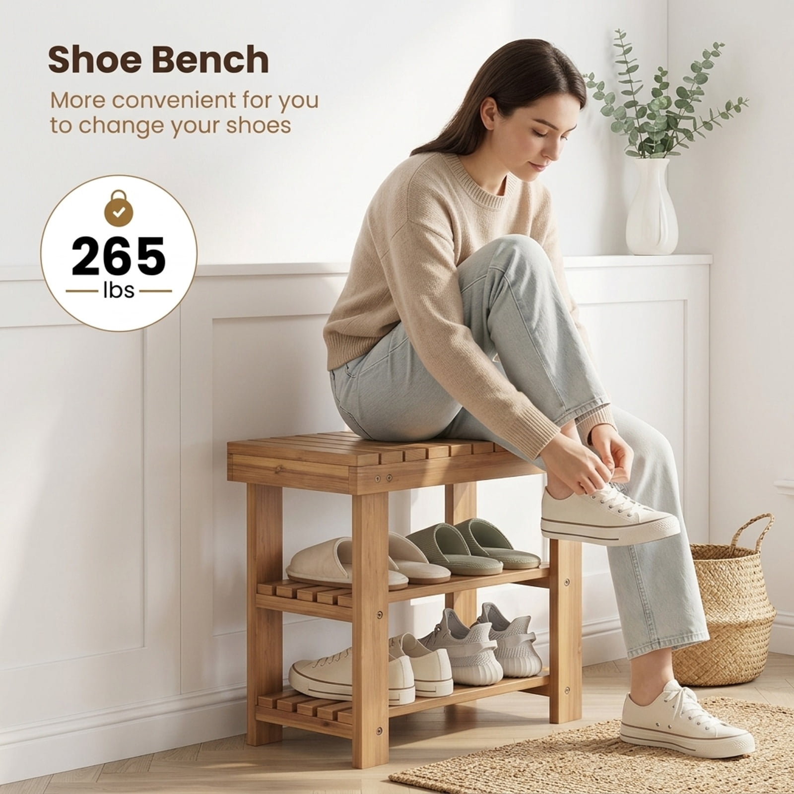 Furnibear 3 Tier Solid Wood Shoe Rack Bench with Slatted Shelves for Entryway Hallway and Living Room Shoe Storage Small Size, Natural