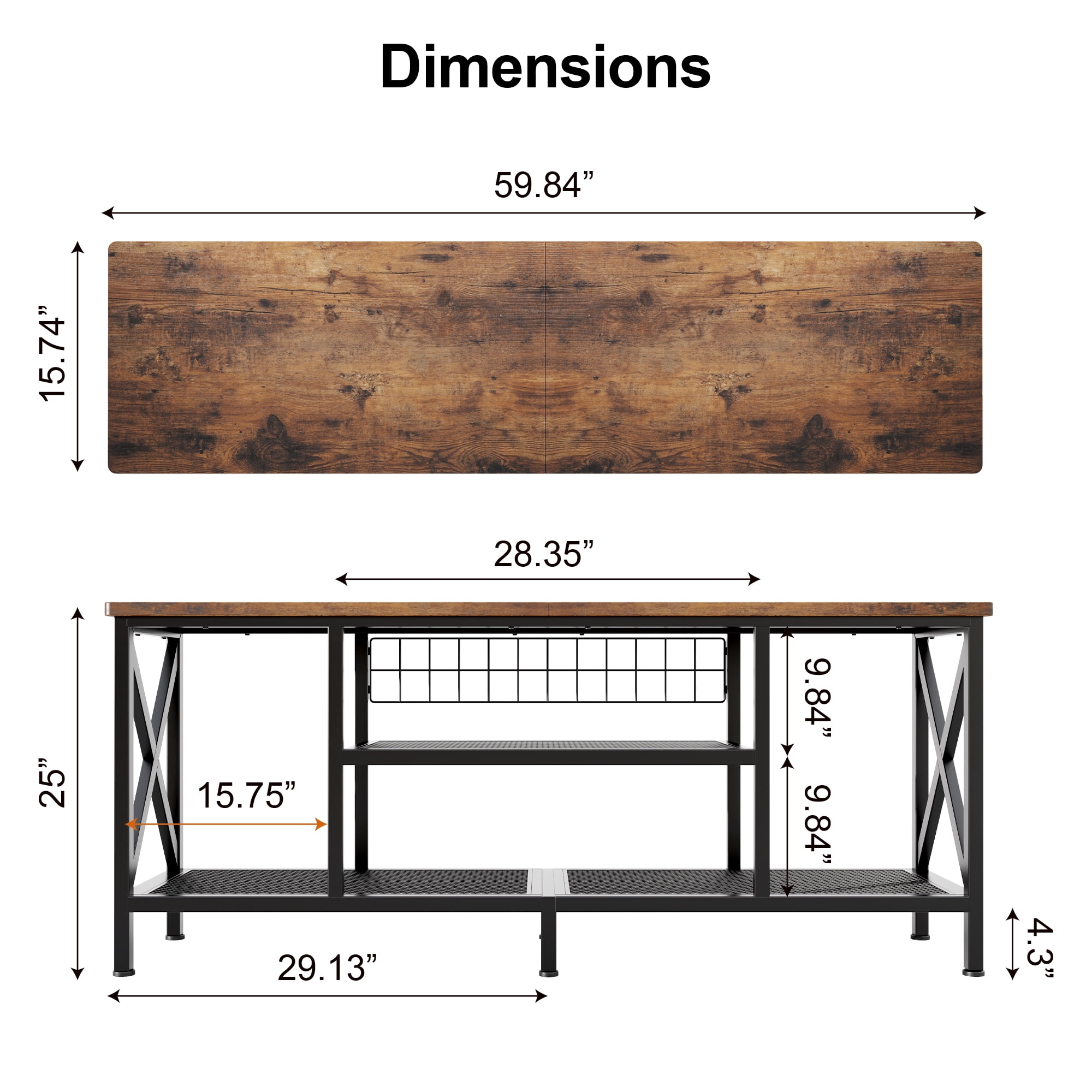 Aiho 59.8" Industrial 3-Tier Media Entertainment Center with Open Shelves & Metal Frame - Spacious TV Stand for 55-65 Inch TVs, Versatile Sofa Table for Living Room, Bedroom, Office - Rustic Brown