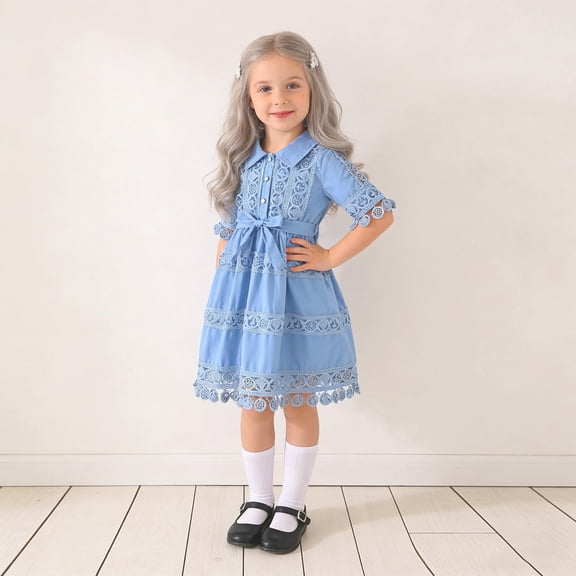 ATOGUTA Girls Dresses A-line Swings Tiered Casual Skirt Lapel Party Dresses Size 2T-8, Blue