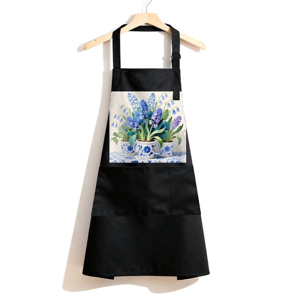 RKSupls Waterproof Bib Apron with 3 Pockets, Blue Hydrangea Wildflower Adjustable Neck Strap Soft 100% Polyester Water Resistant Apron for Kitchen Restaurant Home Use