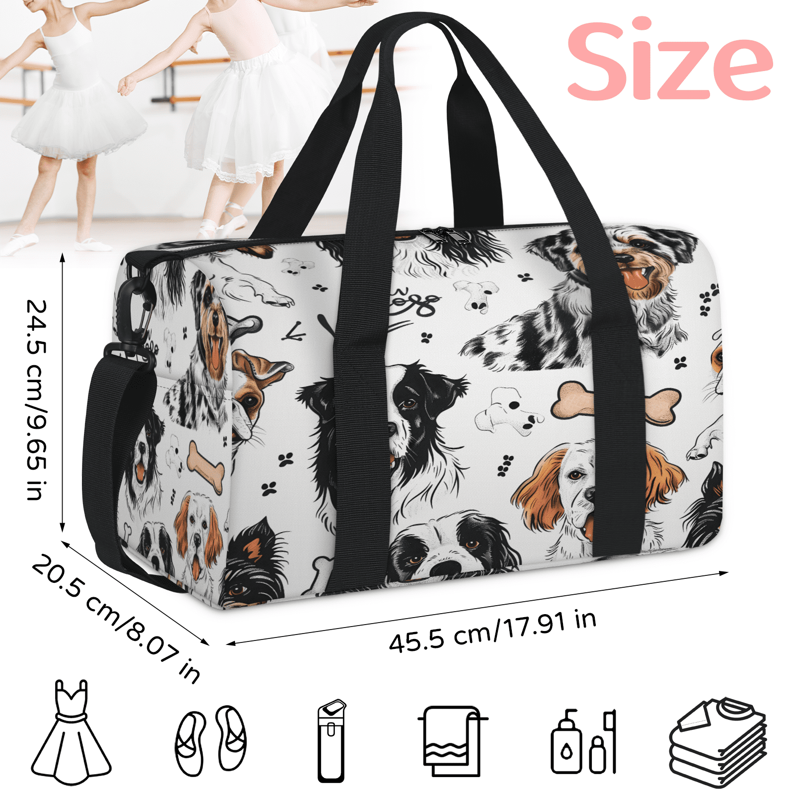 Herdesigns Dog Print Gym Bag for Women, Duffle Bag for Travel Sport, Lightweight Waterproof Carry on Weekender Overnight Dance Yoga Workout Bags