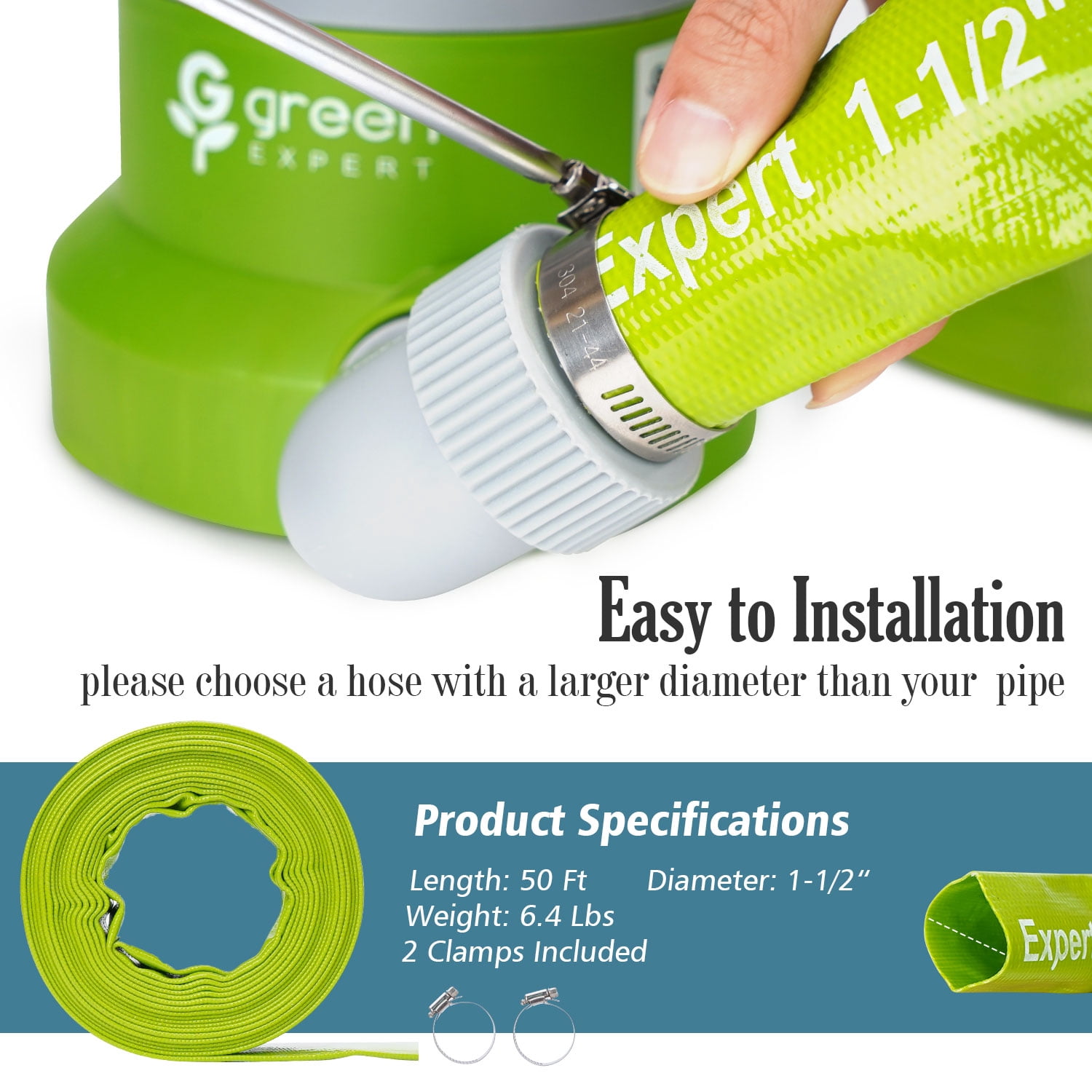 Green Expert 1.5" ID PVC Lay-Flat Discharge Hose Pump Draining Kit Heavy Duty Pool Filter Backwash Hose Great for Water Disposal in Garden Pond Flooded House 50 Feet Length