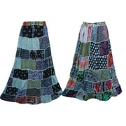 Mogul Lot Of 2 Womens Long Skirt Vintage Ethnic FLAUNTING Swirl Style Flare Patchwork Skirts