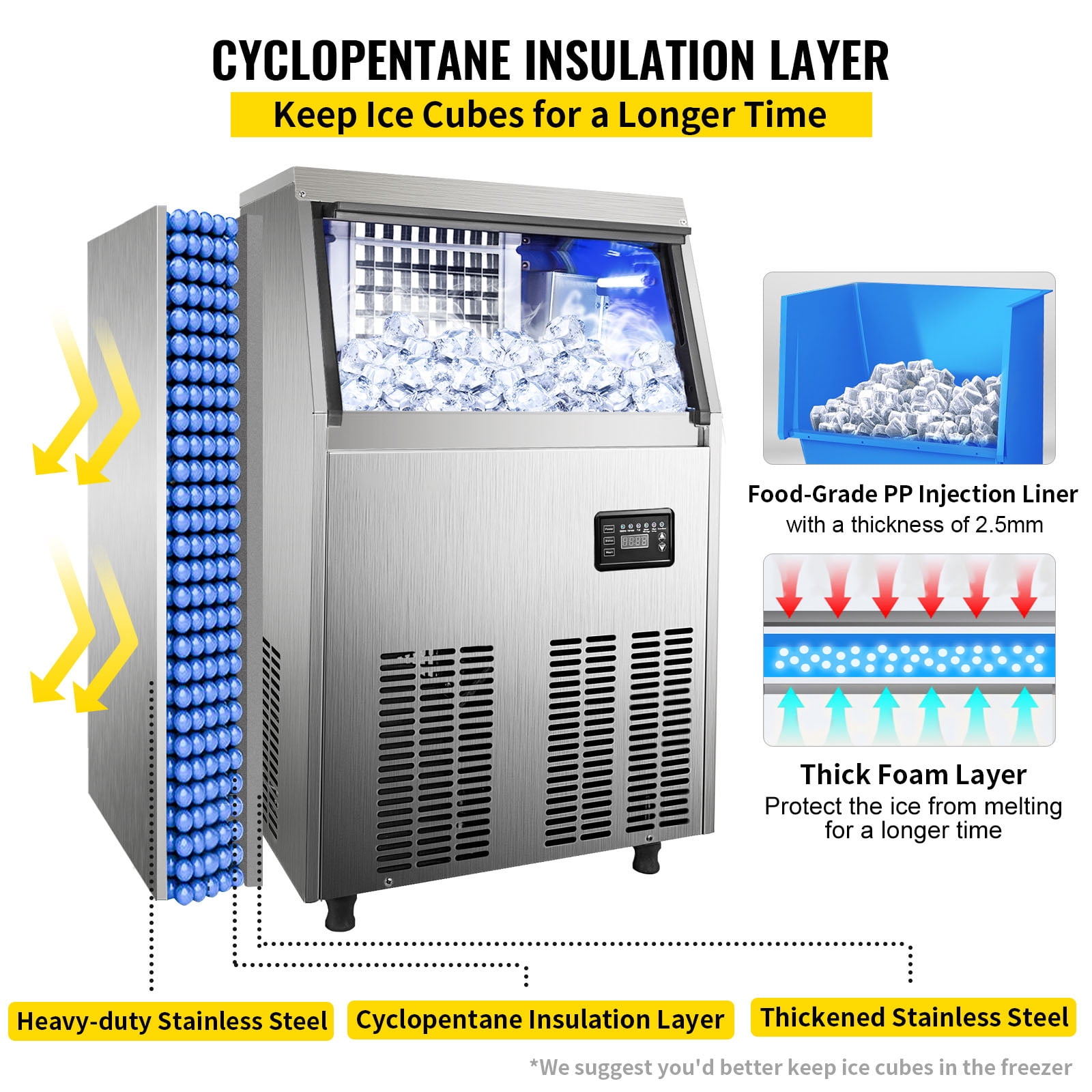 KFFKFF 110V Commercial Ice Maker 90lbs/24H with 22lbs Bin, Full Heavy Duty Stainless Steel Construction, Automatic Operation, Clear Cube for Home Bar