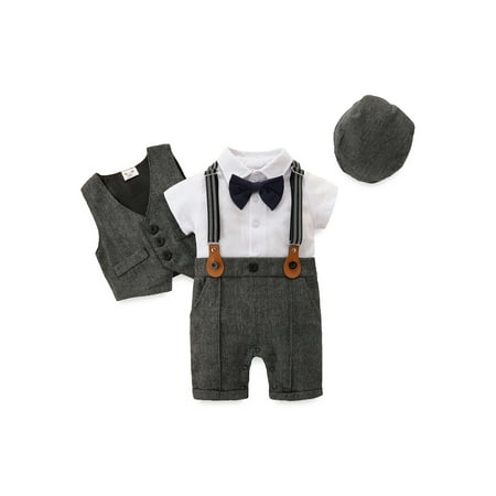 

xkwyshop Baby Boy Outfits Set 3pcs Short Sleeve Gentleman Jumpsuit + Vest Coat + Berets Hat with Bow Tie Dark Gray 0-3 Months