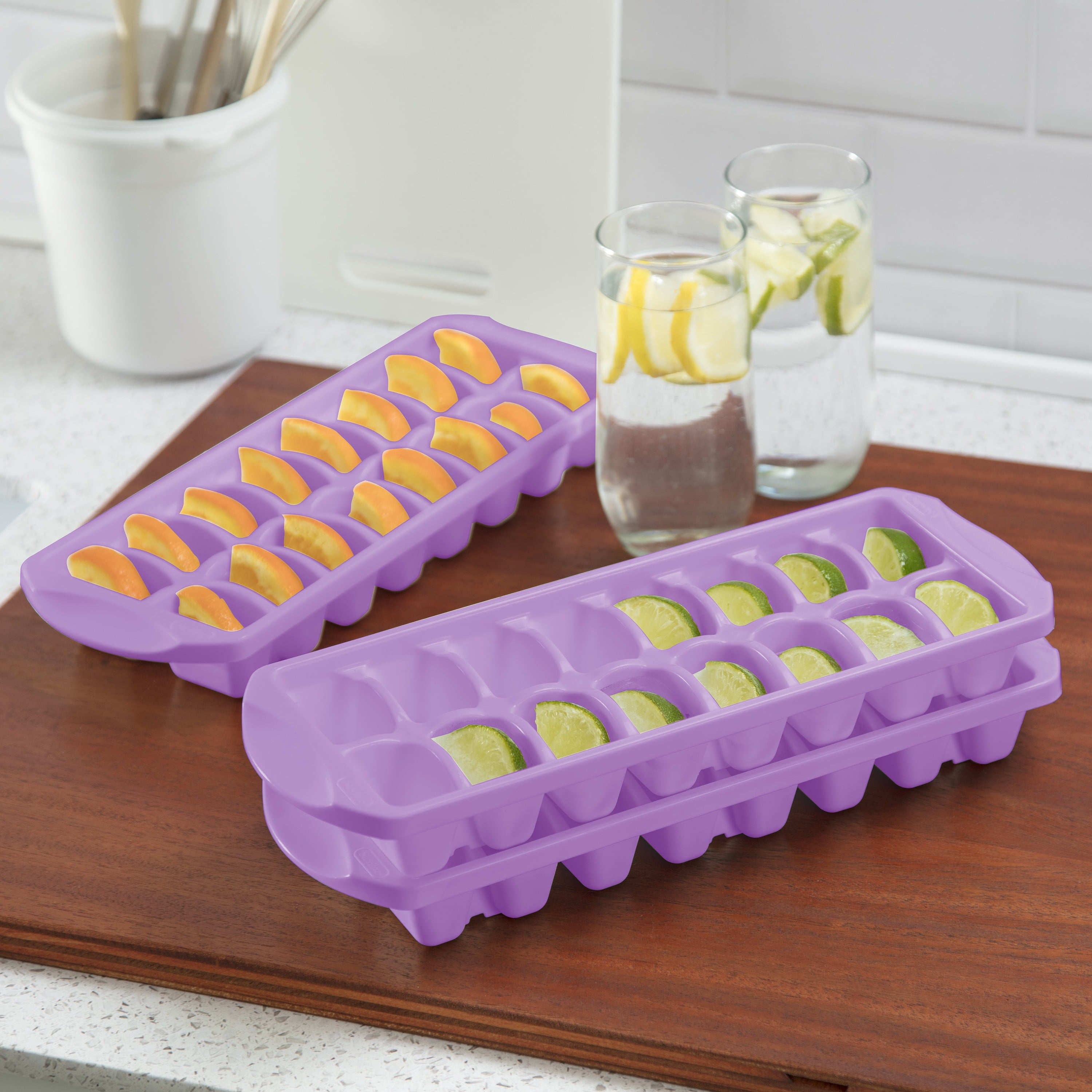 Sterilite, Ice Cube Tray, Set of Two Stacking Ice Cube Trays Plastic, Violet Bloom, plastic, designed for ice making.