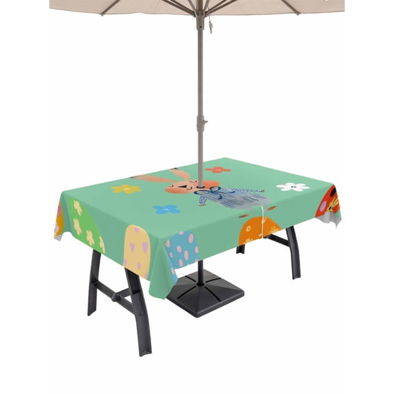 Outdoor Tablecloth with Umbrella Hole and Zipper, Spring Easter Rectangle Table Cloth 52x70 Inch Waterproof Tablecloth, Bunny Colorful Eggs Floral Green Picnic Table Cover for Patio Camping