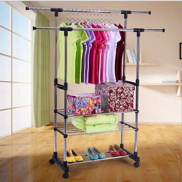 SimpleHouseware Double Rod Portable Clothing Hanging Garment Rack