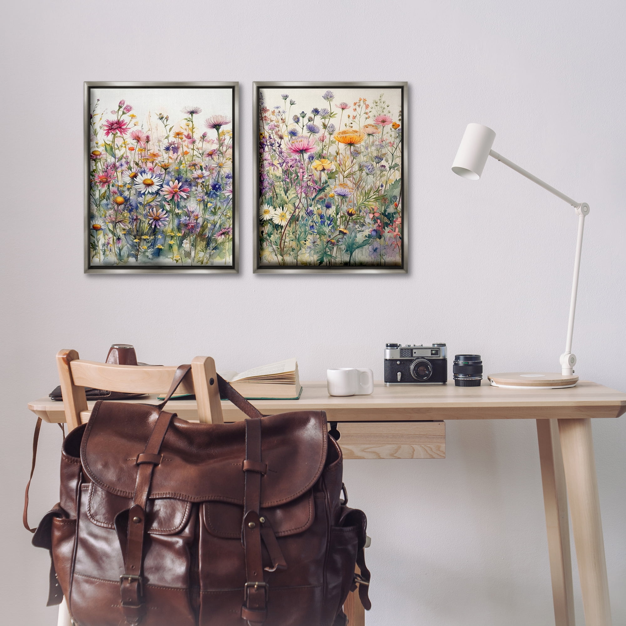 Stupell Industries Watercolor Daisy & Aster Field Plants & Flowers Painting Gray Floater Framed Canvas Art Print Wall Art, 17 x 21, Set of 2