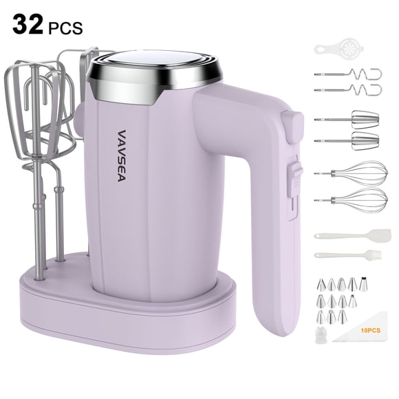 VAVSEA Batteur à Main Électrique 500 W avec 5 Vitesses et 32 Accessoires, Batteur à Main Comprend 2 Fouets, 2 Crochets à Pâte, 2 Fouets, Trousse de Décoration de Gâteaux avec Base de Rangement, Neuf, Violet