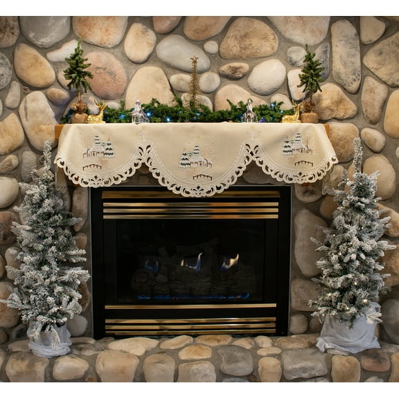 Embroidered Beige Winter Snow Scene Mantel Scarf (19" x 90")