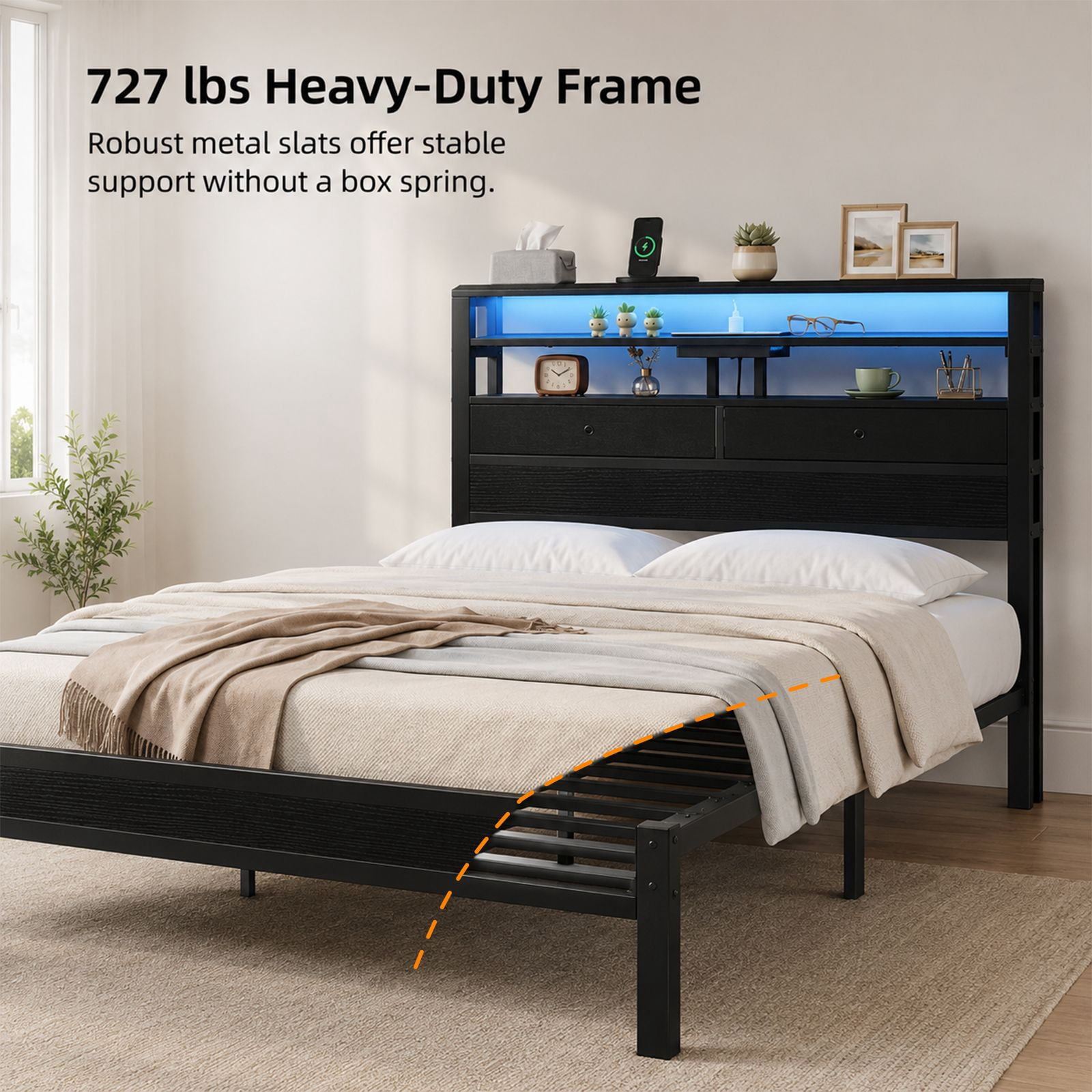 Alvantor Bed Frame with Storage Headboard, Sturdy Metal Platform Bed Frame with LED Lights and Charging Station, Easy Assembly, No Box Spring Needed, Noise Free