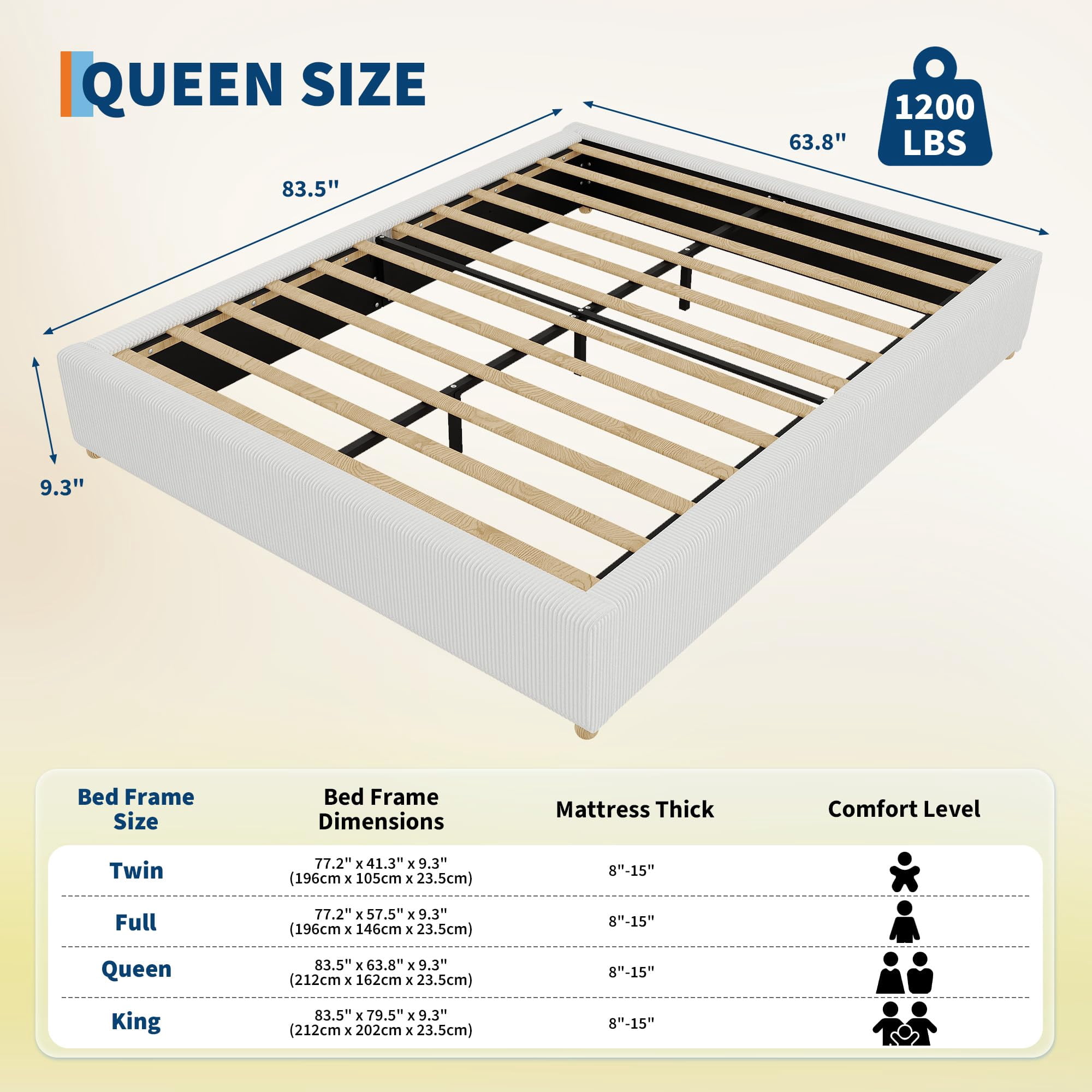 QUEEN Cloud Bed Frame. Teddy Fleece / Corduroy Upholstered Platform Bed with  Wood Legs, No Box Spring, Easy Assembly