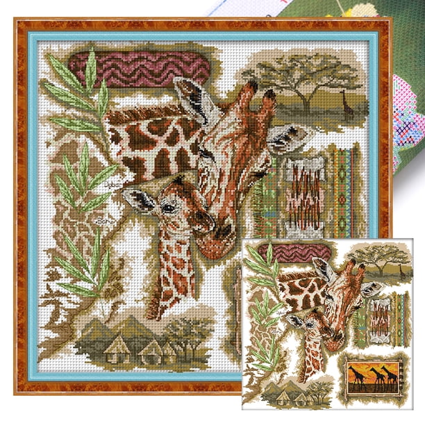 (D603) Hilo Algodón Ecológico Bordado No Manchú 14CT 2 Hebras Impresión 41*41cm Kit Serie Punto Cruz Jirafa Africana (borde Gancho)