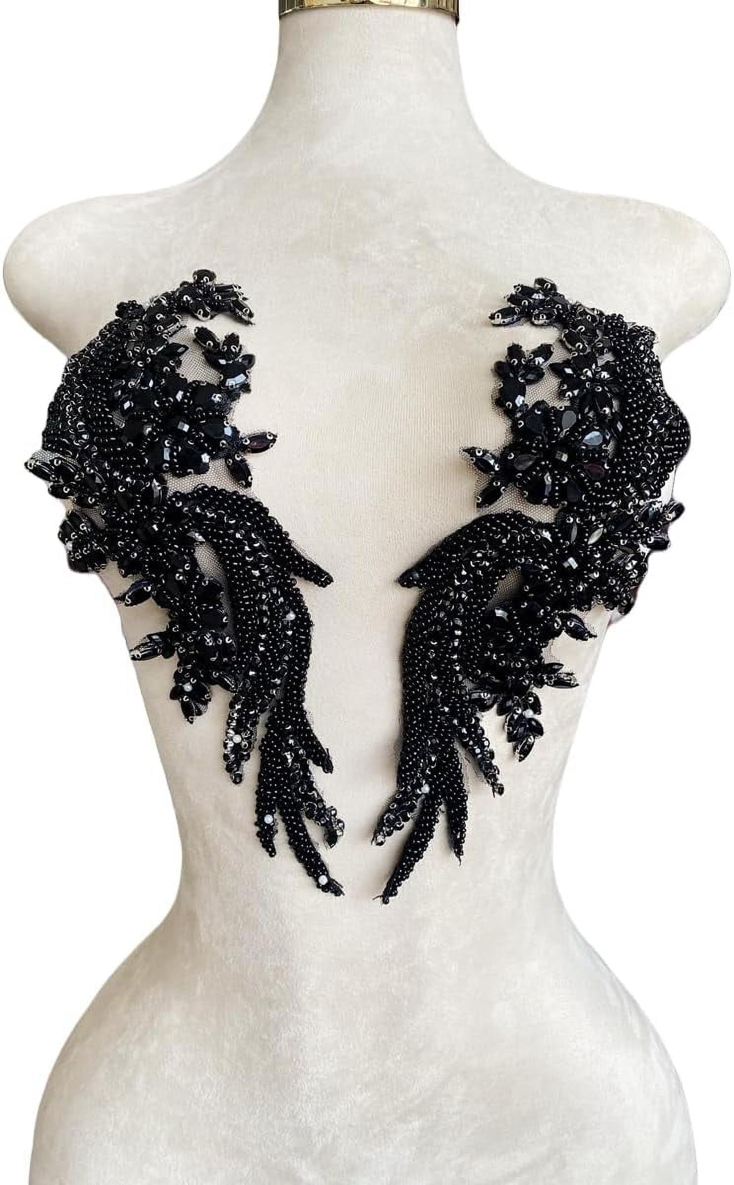 1 par de parches de cristal hechos a mano con cuentas corpiño encaje DIY apliques parches accesorio para ropa de vestir 35X12cm (negro)