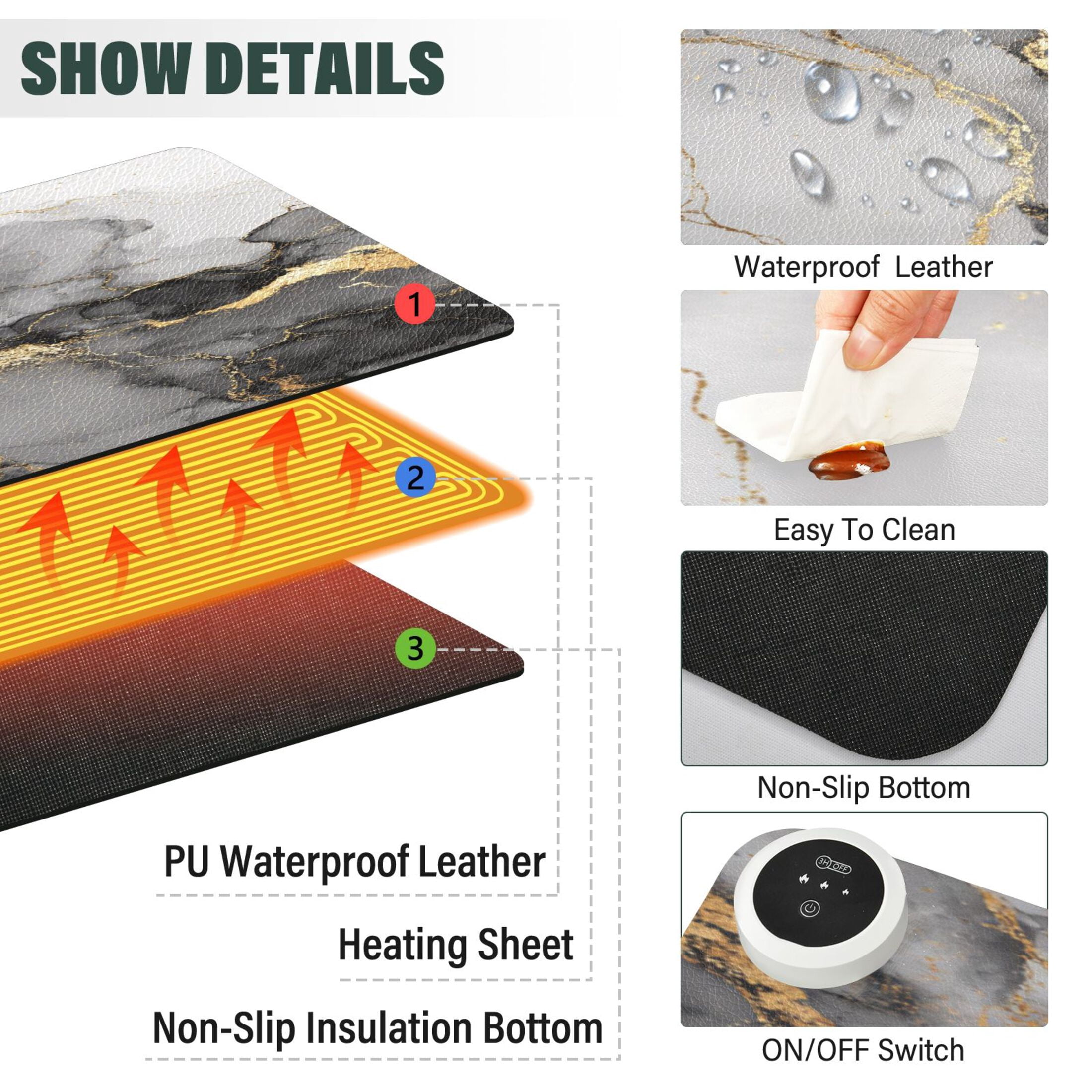 Large Heated Desk Mat Mouse Pad 31.5"x13"PU Leather Graphene Heating Desk Warmer with 3 Temperature Settings 110V US Plug Non-Slip Warm Pad for Home, Office, and Gaming Premium Fluid Art Background