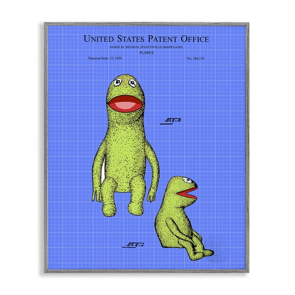 Stupell Industries Traditional Frog Puppet Character Blueprint Gray Framed Giclee Art, 11 x 14, by Karl Hronek