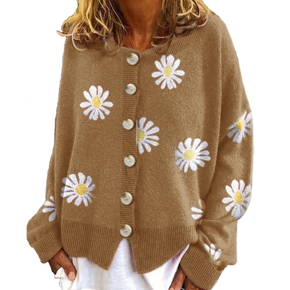 Lovskoo 2024 Womens Sweaters Cardigan Long Sleeve Trendy Casual Floral Printed Knitted Cardigan Coat Khaki XL