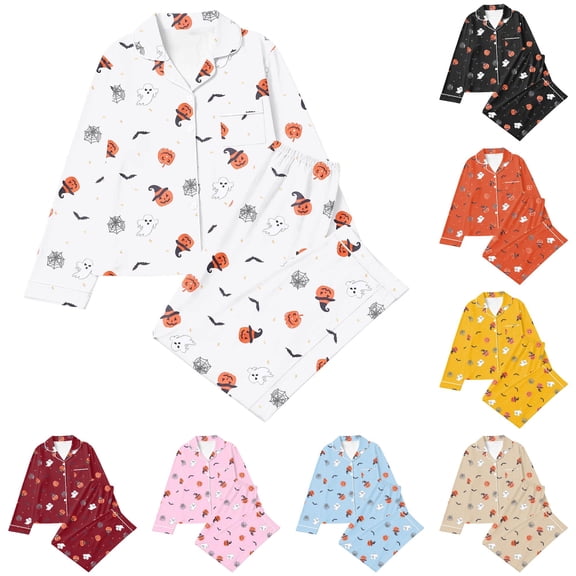 RMGVDSD Halloween Pajamas for Women Button Down Pajama Sets Fall Winter Long Sleeve Sleepwear Loungewear 2 Piece Soft Cute Clothes