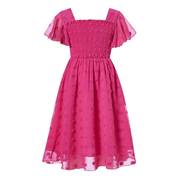 Aideaone Girls Chiffon Dress Flutter Ruffle Short Sleeve Kids Square Neck Frocks Hot Pink 6-13Y