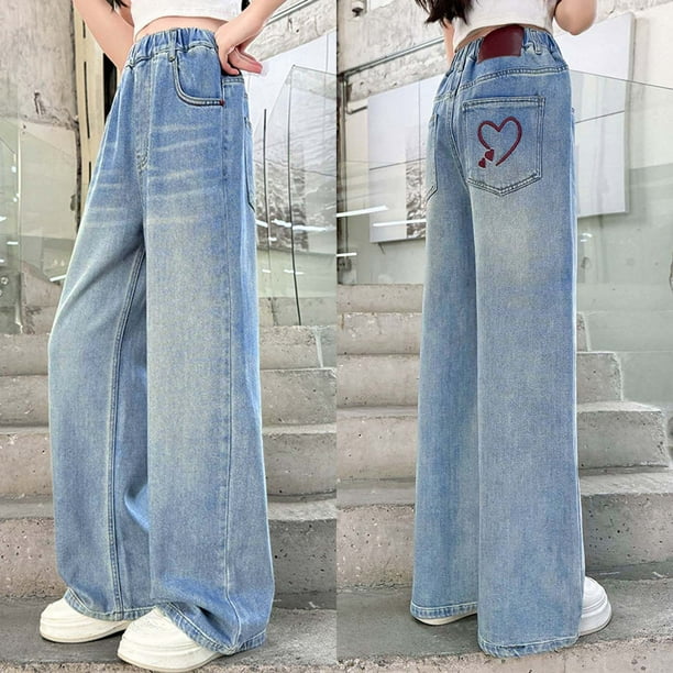 WILLBEST Pantalones Mujer Pantalones Vaqueros de Pierna Ancha a La Moda para Niñas, Cintura Elástica, Casuales, Cómodos, Con Bolsillos, Ropa de Calle Con Personalidad Bonita para Niños 13-14 Years