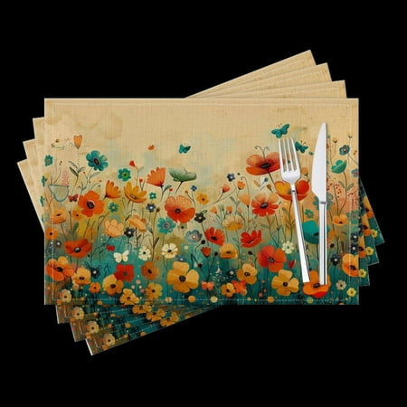 

BaHomeck placemats Set of 4 Hand-Painted Field Of Wildflowers Cotton Linen rectangle Placemats for Kitchen Dining Table Indoor Outdoor 18*12inch
