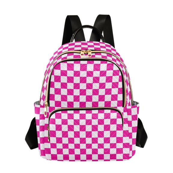 Women's Quilted Backpack Casual Knapsack Travel Daypack with Multiple Zipper Pink and White Checkered Small