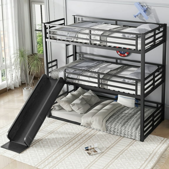 Twin XL over Twin XL over Twin XL Bunk Bed with Slide, Metal Triple Bunk Bed with Safety Guardrails, Heavy-duty Bunk Bed with Noise-reduced Design, Black