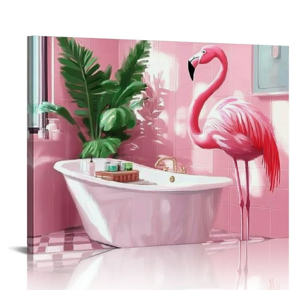 BCIIG Flamingo Bathroom Decor Flamingo Wall Art Pink Flamingo in Bathtub Wall Art Flamingo Prints Pictures Bathroom Canvas Painting Modern Decorations Artwork for Bathroom Toilet  20x16in