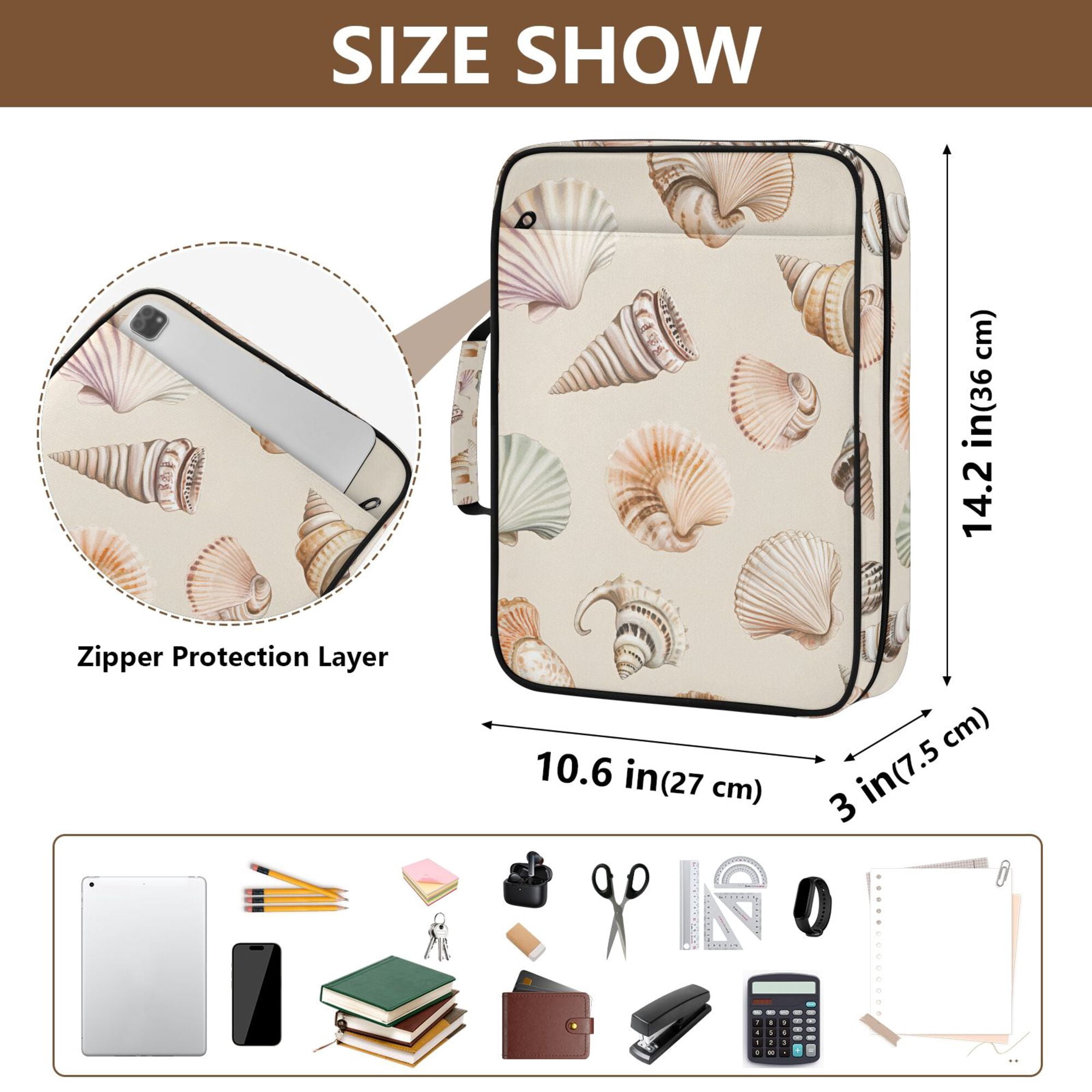 FORMRS Accordion File Folder A4 Size 7-Pocket Expanding Document Organizer Bag with 3 Ring Binder, Green Watercolor Seashells