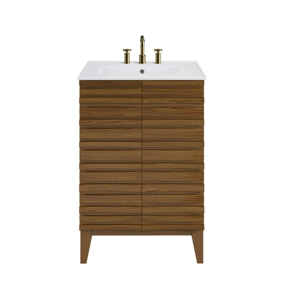 Cascade 24 in. Brown Oak Bathroom Vanity With White, 3-Hole Ceramic Sink Top