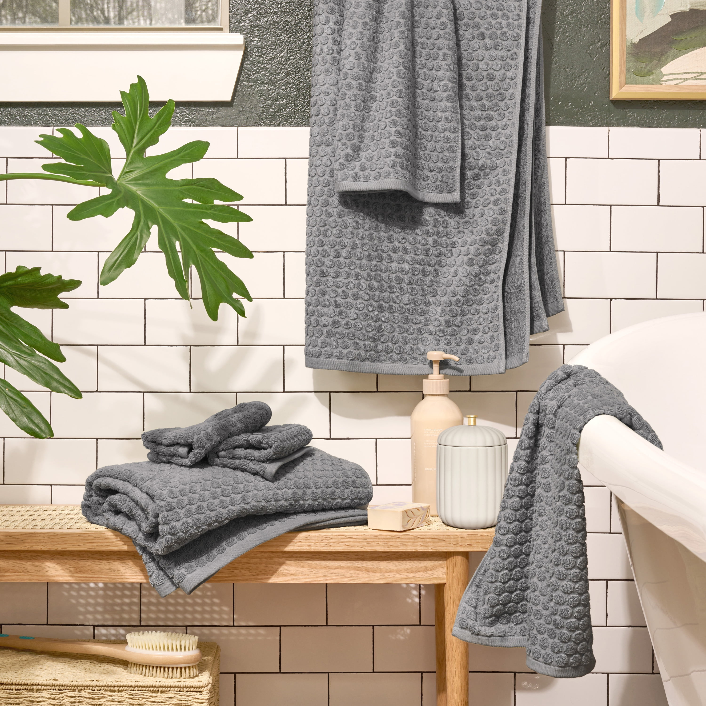 Beautiful by Drew Barrymore 6-Piece Dot Bath Towel Set, Soft 100% Cotton, Charcoal Gray