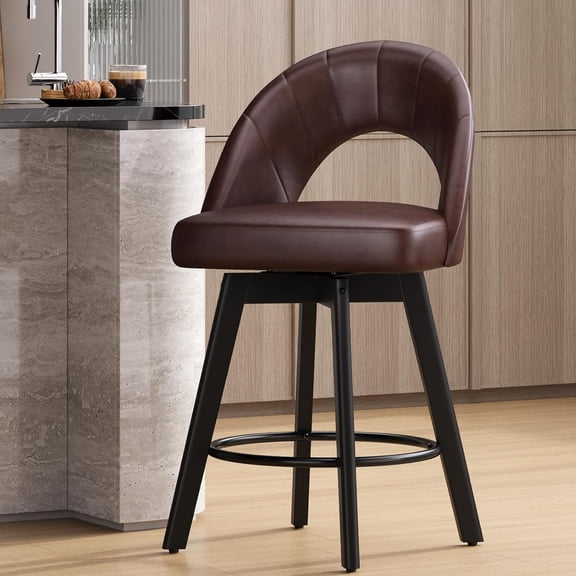 Aufeile Bar Stools Set of 1, 24" Swivel Counter Height Barstools with PU Leather Padded Seat, Hollow Curved Back, Solid Wood Legs & Metal Footrest, Kitchen Island Dining Chairs, Brown