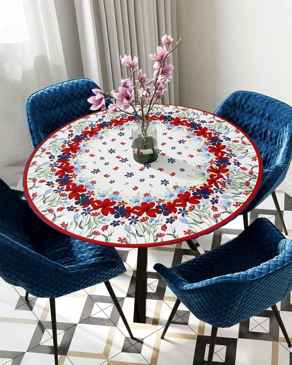 Red Black Floral Round Tablecloth Fitted Table Cover, Elastic Tablecloths Waterproof Outdoor Indoor Stretch Cloth Tablecover for Dinner, Party, Shower, Spring Tulip Blue Flower Spring Summer 36-44IN