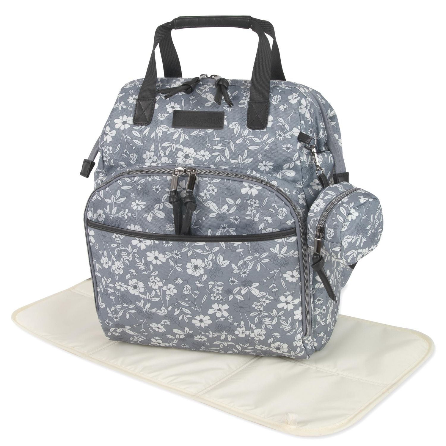 Baby Essentials Super Cooler Main Frame Dual Zipper Closure Diaper Bag Backpack Tote with Matching Changing Pad, Insulated Bottle Pockets, Stroller Straps and Pacifier Pouch in Grey Floral, 11 pockets