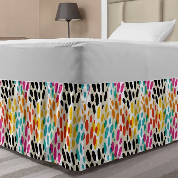 Colorful Bed Skirt, Illustration of Vibrant Animal Skin Print Modern Blemishes and Stripes, Elastic Bedskirt Dust Ruffle Wrap Around for Bedding Decor, 4 Sizes, Grey Yellow Multicolor, by Ambesonne