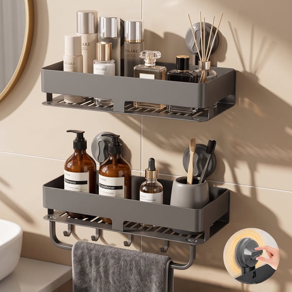 Asoibopi 2 Pack Shower Caddy Suction Cup, Shower Shelves Rack with Towel Bar Hooks, Removable Shower Organizer Bathroom Decor, Gray