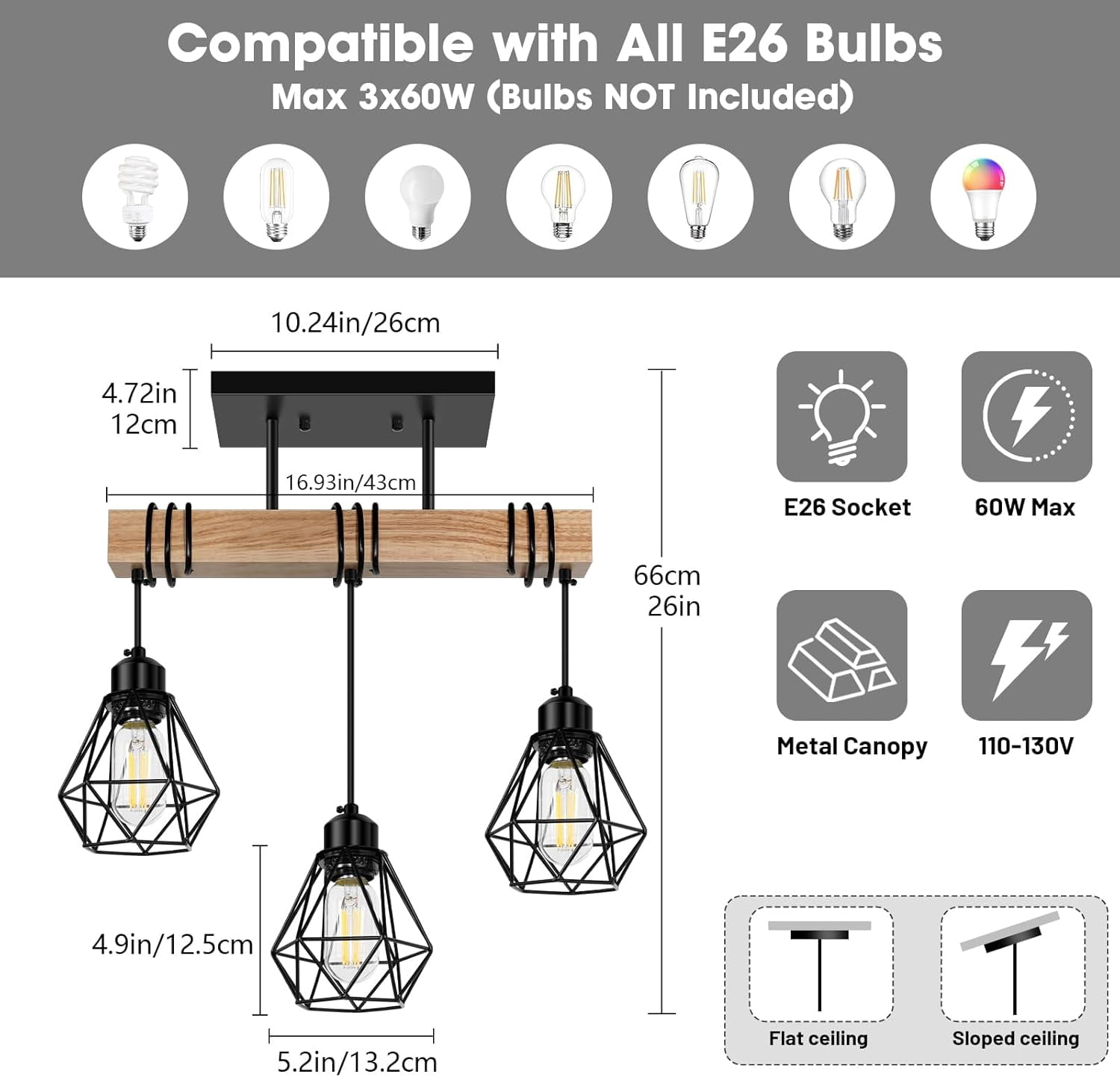 3 - Light Kitchen Island Lighting  Pendant Light Fixtures over Table Wood Hanging Lamp with Metal Shades for Dining Table Living Room Hallway