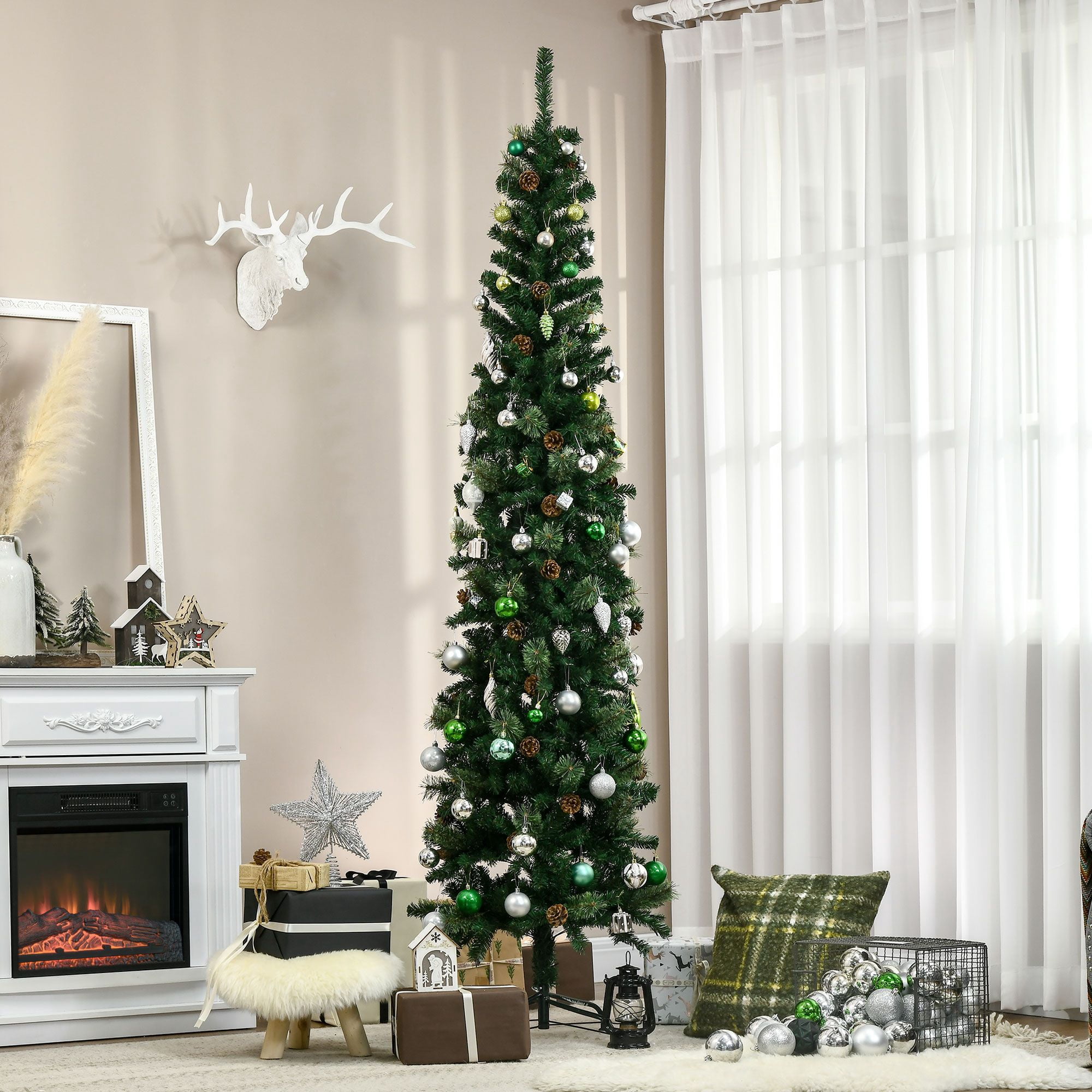 7.5 ft Pencil Artificial Christmas Tree, Slim Pine Needles with Realistic Branches, Pine Cones, Metal Base, 706 Tips, Indoor Holiday Decor