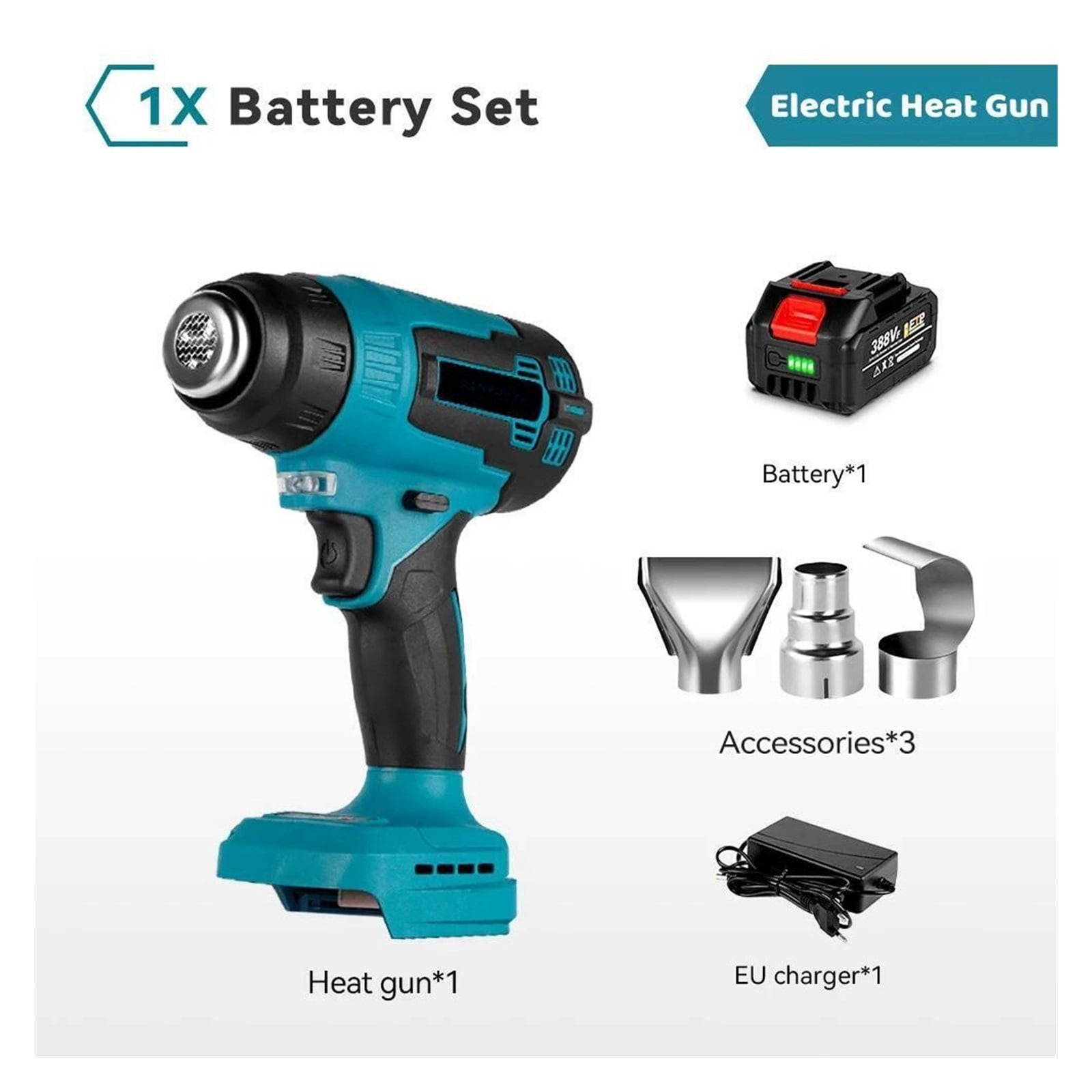 2000W Electric Heat Gun Compatible 18V Battery Cordless Handheld Hot Air Gun with 3 Nozzles Industrial Home Hair Dryer ,Variable Temperature