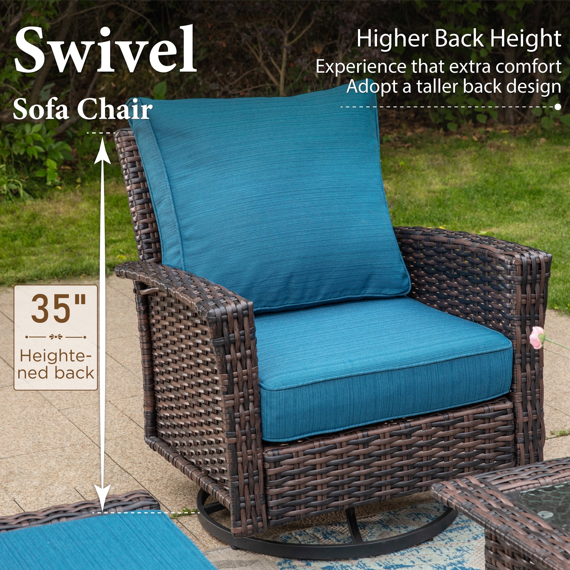 SUMMIT LIVING 7-Seat Wicker Patio Furniture Set with 2 Swivel Chairs & 3-Seat Sofa with 2 Ottoman, Outdoor Sectional Conversation Set for Garden, Peacock Blue