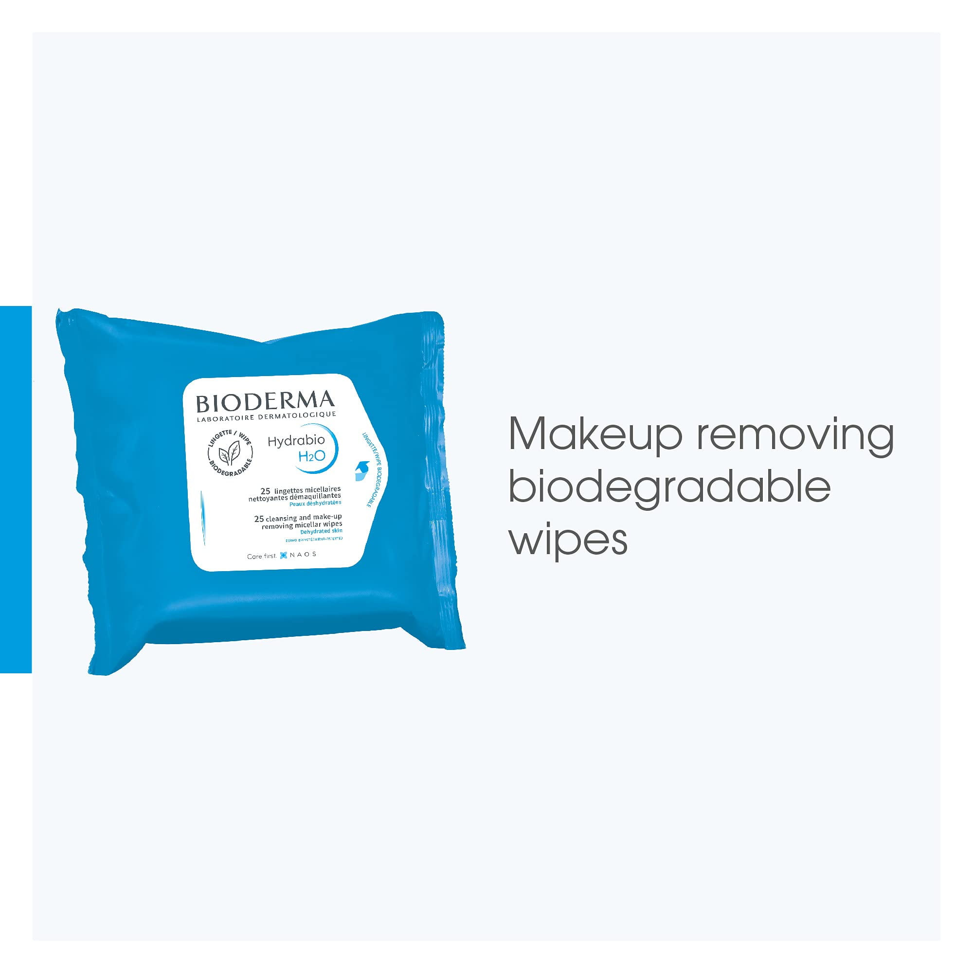 Bioderma Hydrabio H2O Wipes - Cleansing and Make-up removing micellar wipes - Dehydrated Skin, 25 ct.