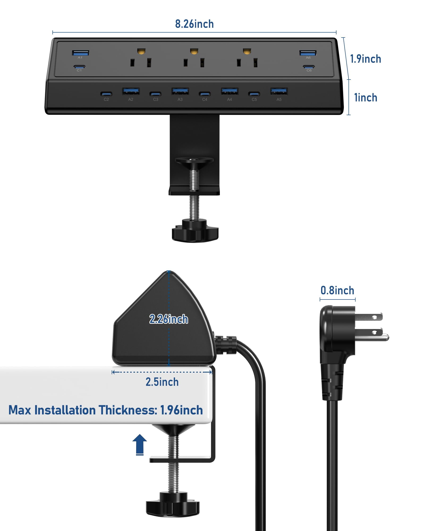 130w Desk Clamp Power Strip  12 Usb Ports (6 Pd 65w Usb-c) Surge Protector Etl Listed Hub Extension Cord Fast Charging Station For Home Office Edge Mount (black 12 Usb-130w)