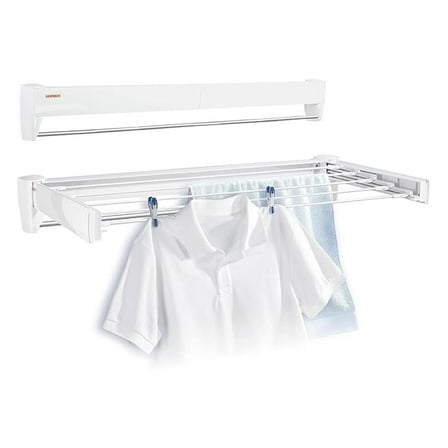 Wall Mounted Clothes Dryer Telefix 70 - White Laundry Rack - Space Saving Folding Drying Rack with 14ft Drying Space & Towel Bar - Indoor/Outdoor