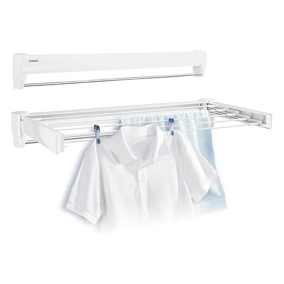 Wall Mounted Clothes Dryer Telefix 70 - White Laundry Rack - Space Saving Folding Drying Rack with 14ft Drying Space & Towel Bar - Indoor/Outdoor