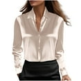 thumbnail image 2 of Otntypg Women's Satin Button Down Shirts Dressy V-Neck Long Sleeve Work Tops Trendy Solid Color Business Office Silk Blouses Fashion Spring Shirt Beige S, 2 of 6