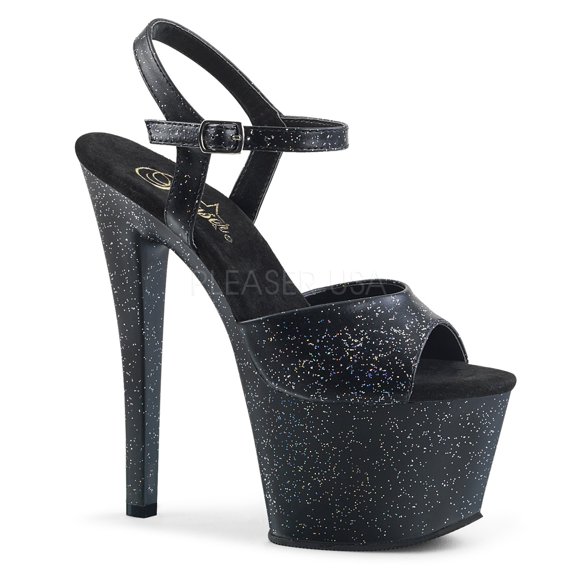 7" Heel, 2 3/4" PF Heel Ankle Strap Sandal W/Mini Glitters - Blk Faux Leather/Blk Matte, 7