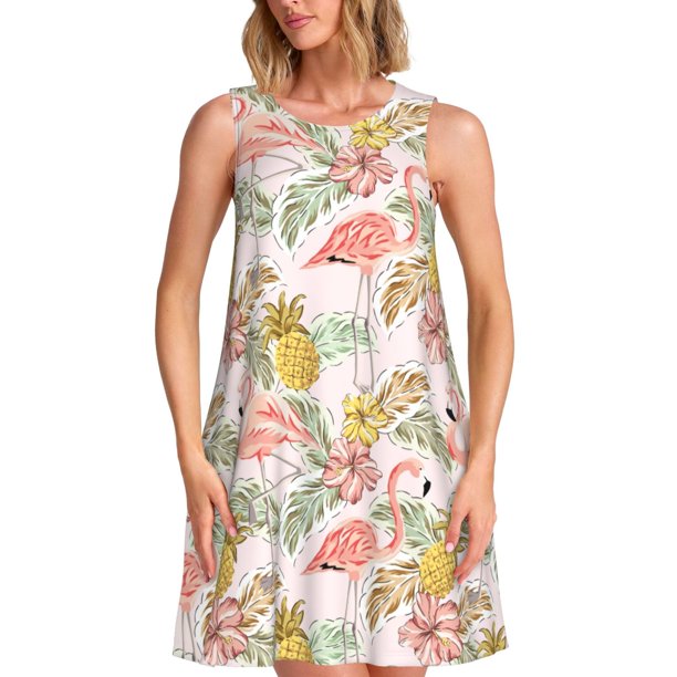 Easygdp Tropical Flamingo Pineapple para Vestido Transpirable de Mujer, Vestido Suelto de Manga Corta con Pliegues y Bolsillos para el Verano